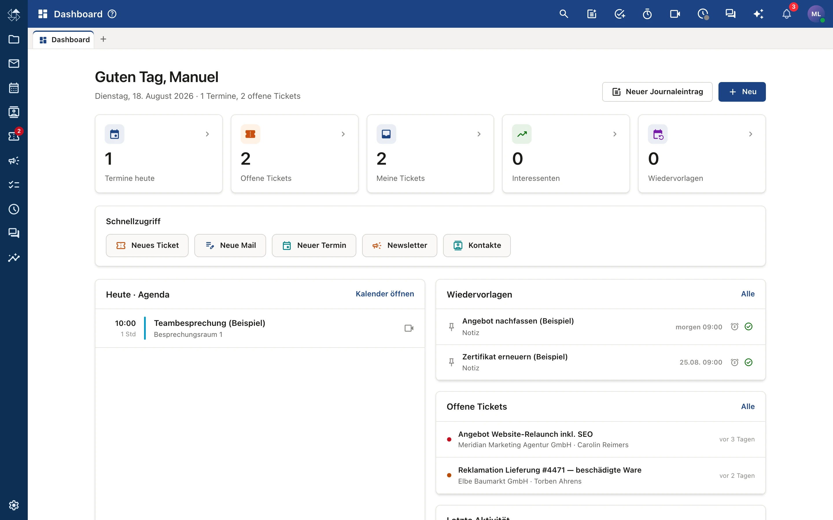 nordOFFICE Dashboard mit Tageskennzahlen, Agenda, Wiedervorlagen und offenen Tickets