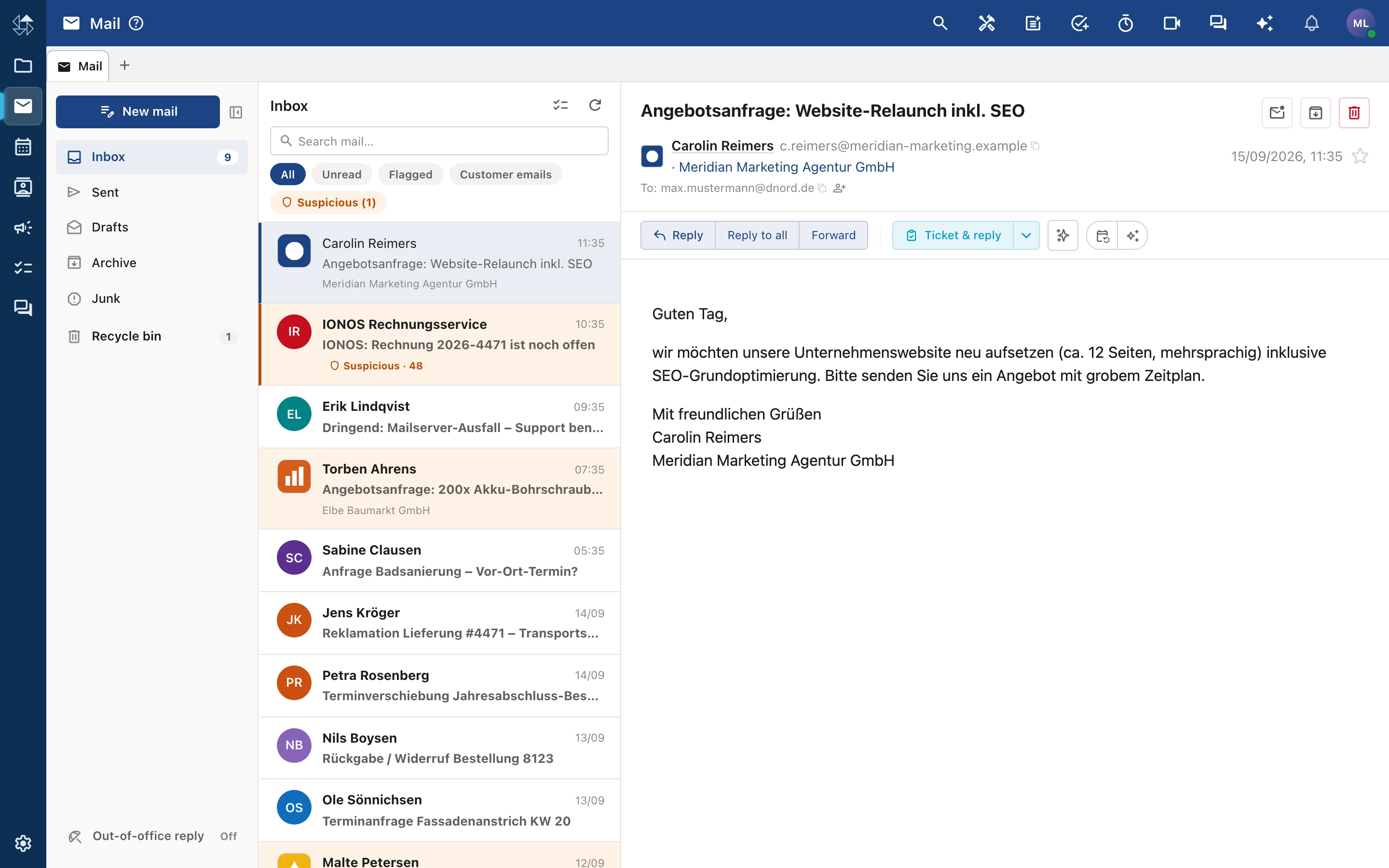 nordOFFICE email client with inbox, filters and customer assignment