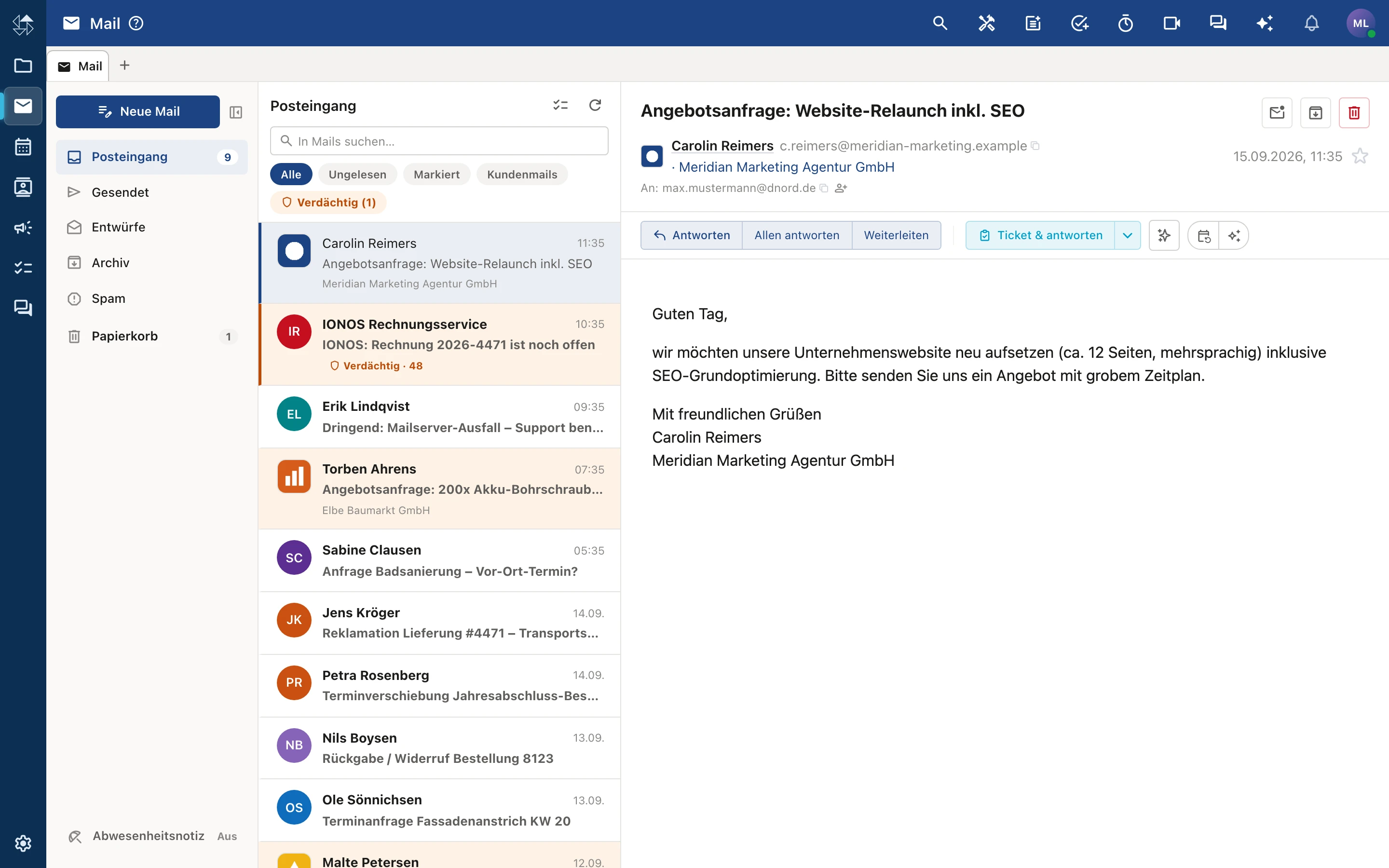 nordOFFICE Mail-Client mit Posteingang, Filtern und Kundenzuordnung