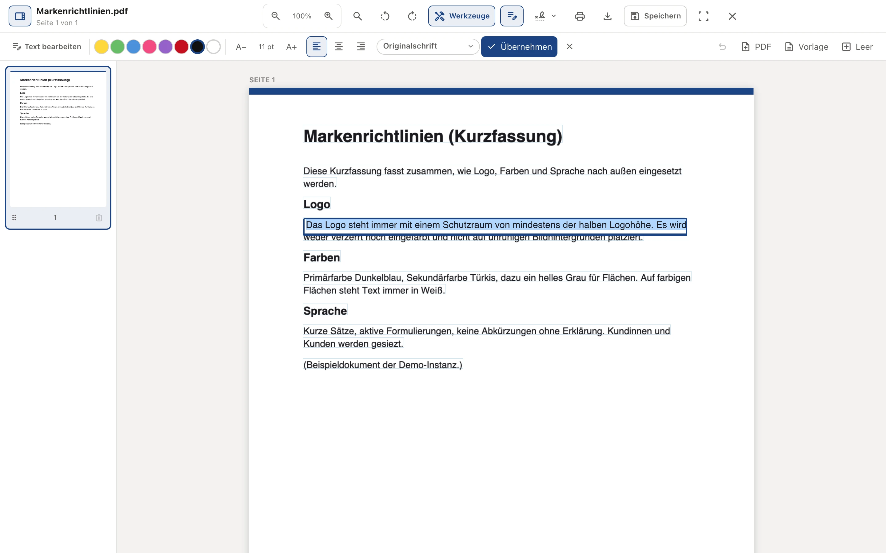 PDF-PRO: Inhalt bearbeiten — eine Textzeile des Dokuments wird direkt auf der Seite in Originalschrift geändert