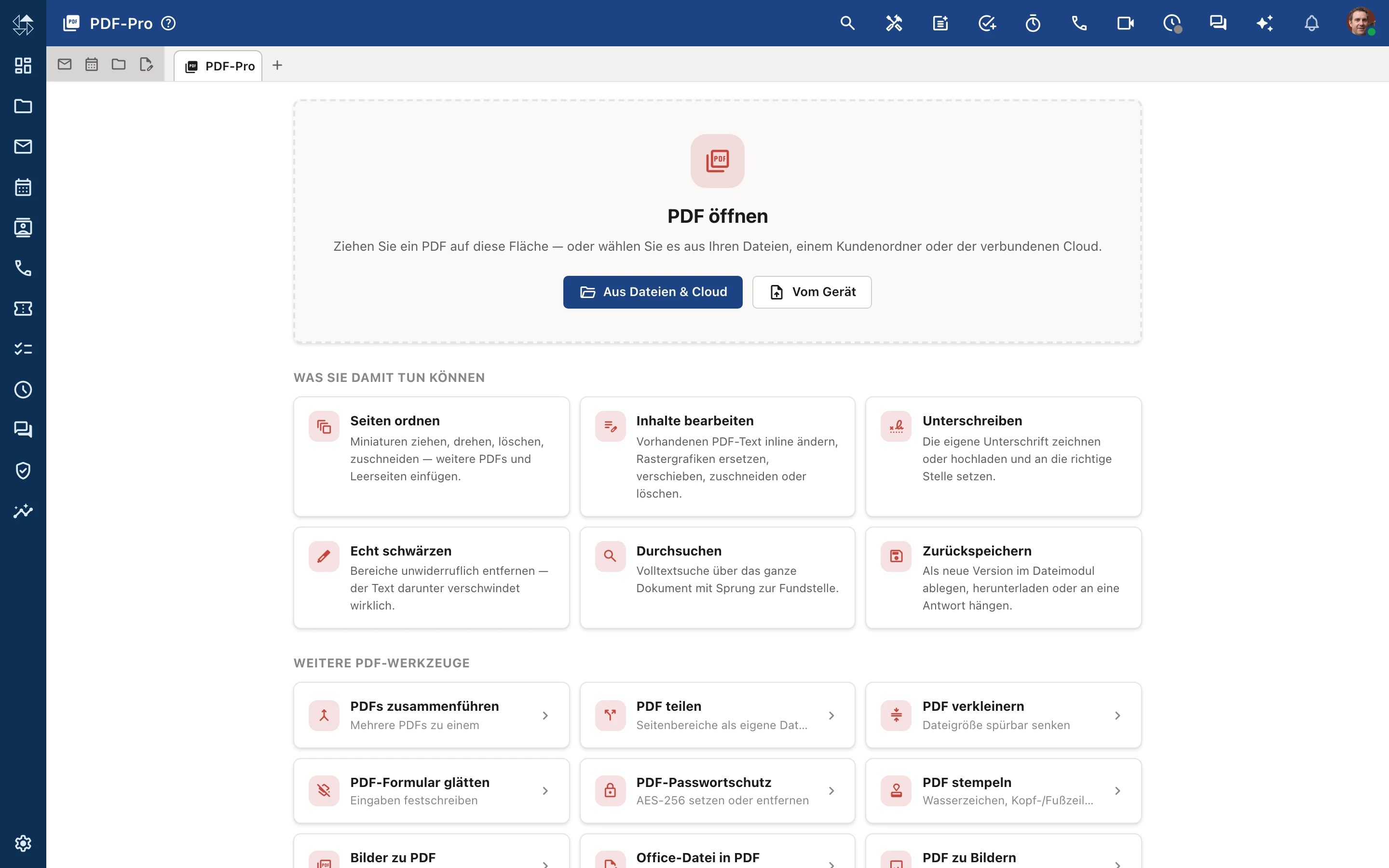 PDF-PRO: Einstieg mit den drei Wegen „Aus Dateien und Cloud“, Ziehen und Ablegen sowie „Vom Gerät“
