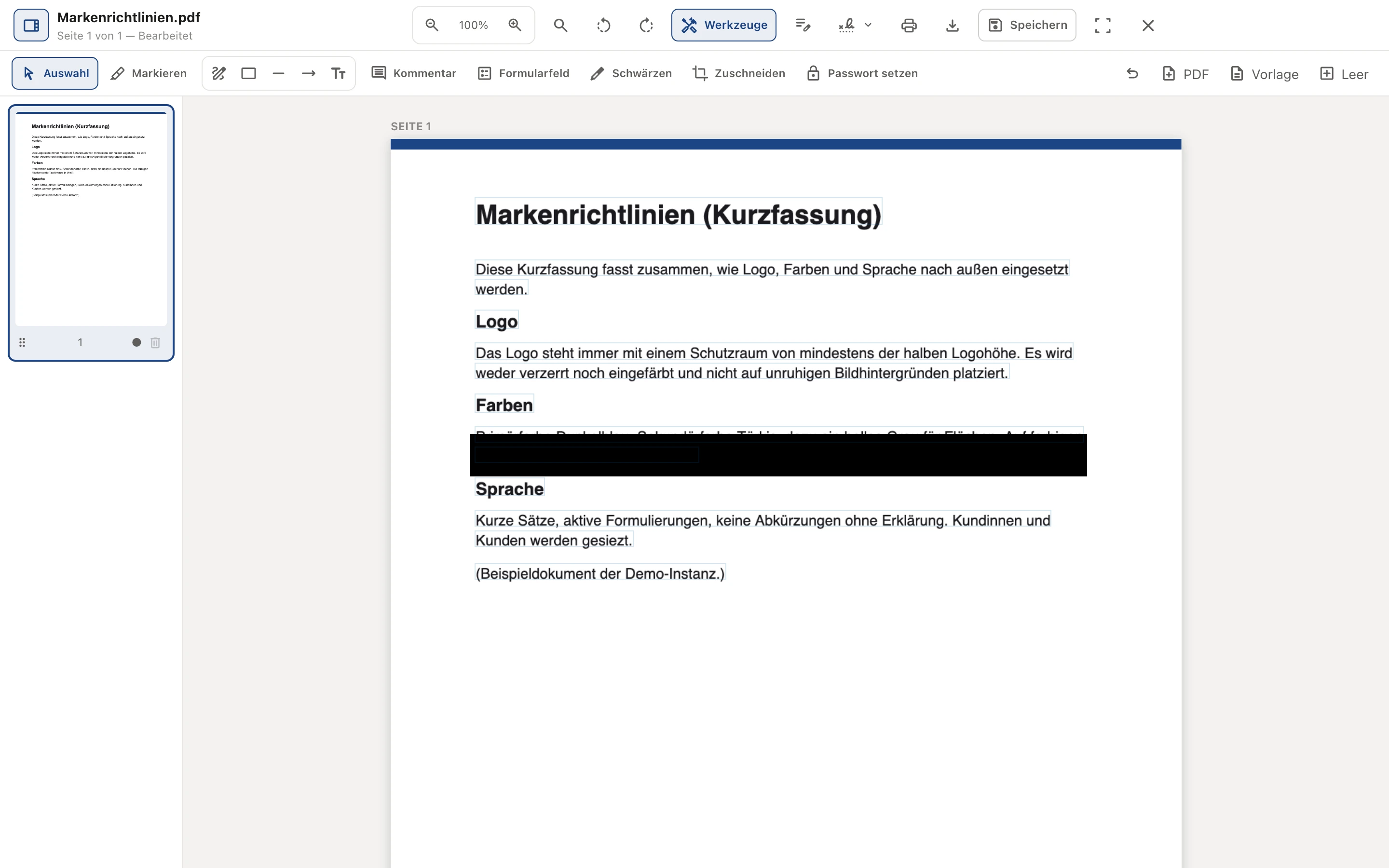 PDF-PRO: Werkzeug Schwärzen mit aufgezogenem Bereich über einer Textzeile