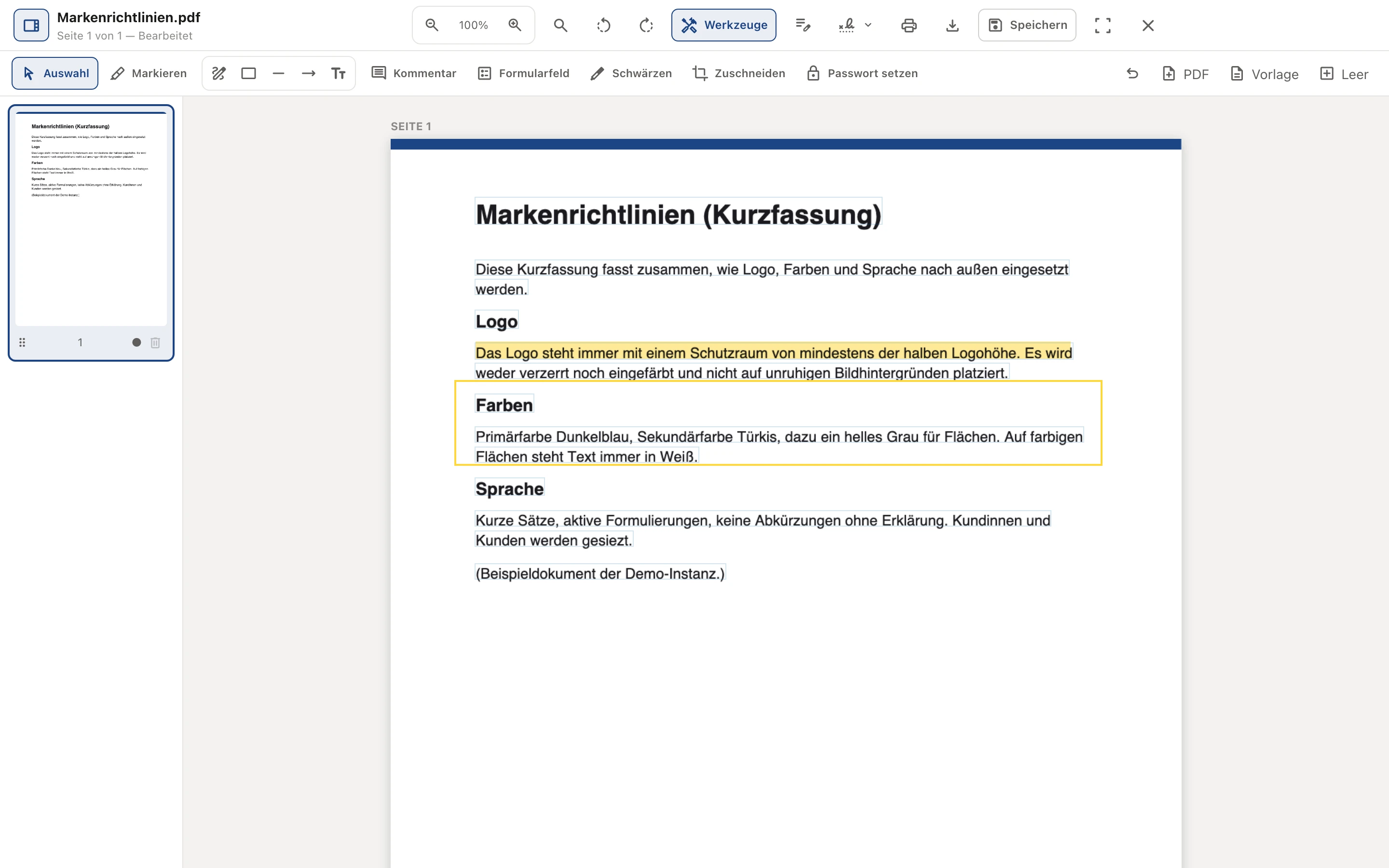 PDF-PRO mit geöffneter Werkzeugleiste: Markierung und Rahmen auf einer Seite, links die Seitenminiaturen